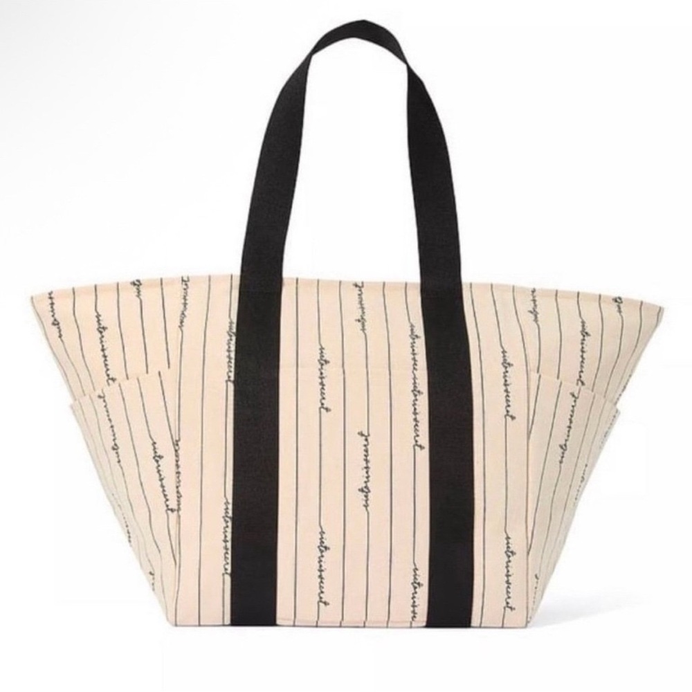 Victoria’s Secret Canvas Stripe Tote Bag with Black Handles - Cream
